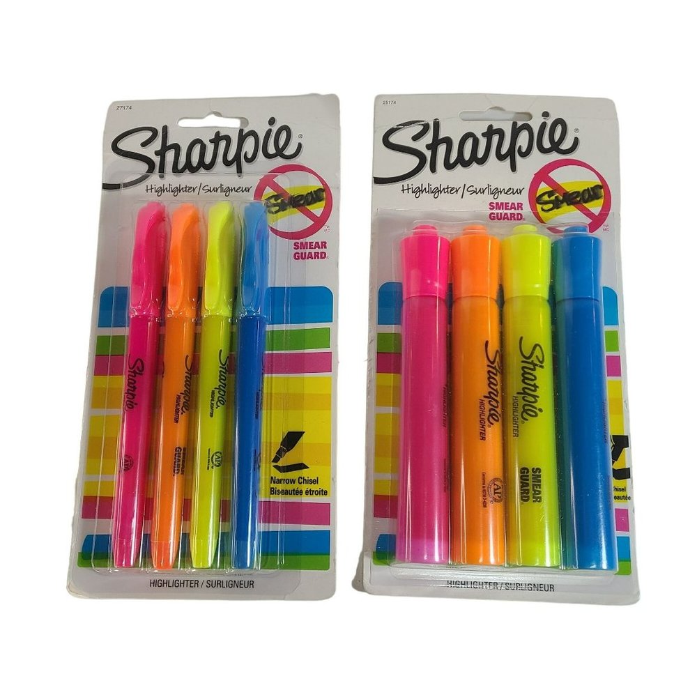 Sharpie No Smear 4 Color Highlighters 2 Packs 1 Narrow Chisel 1 Chisel 8 PC NWT